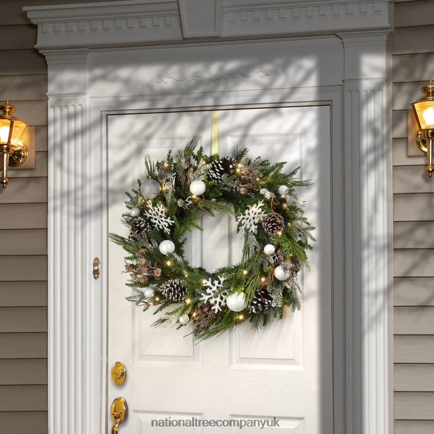 Greenery | National Tree Company Pre-Lit Artificial Christmas Wreath Alpine Collection Decorated with Warm White LED Lights Battery Powered 30 in F2L4F281